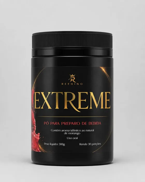 Refhino Extreme — novo suplemento em pó sabor morango, pote preto com detalhes dourados, 300g